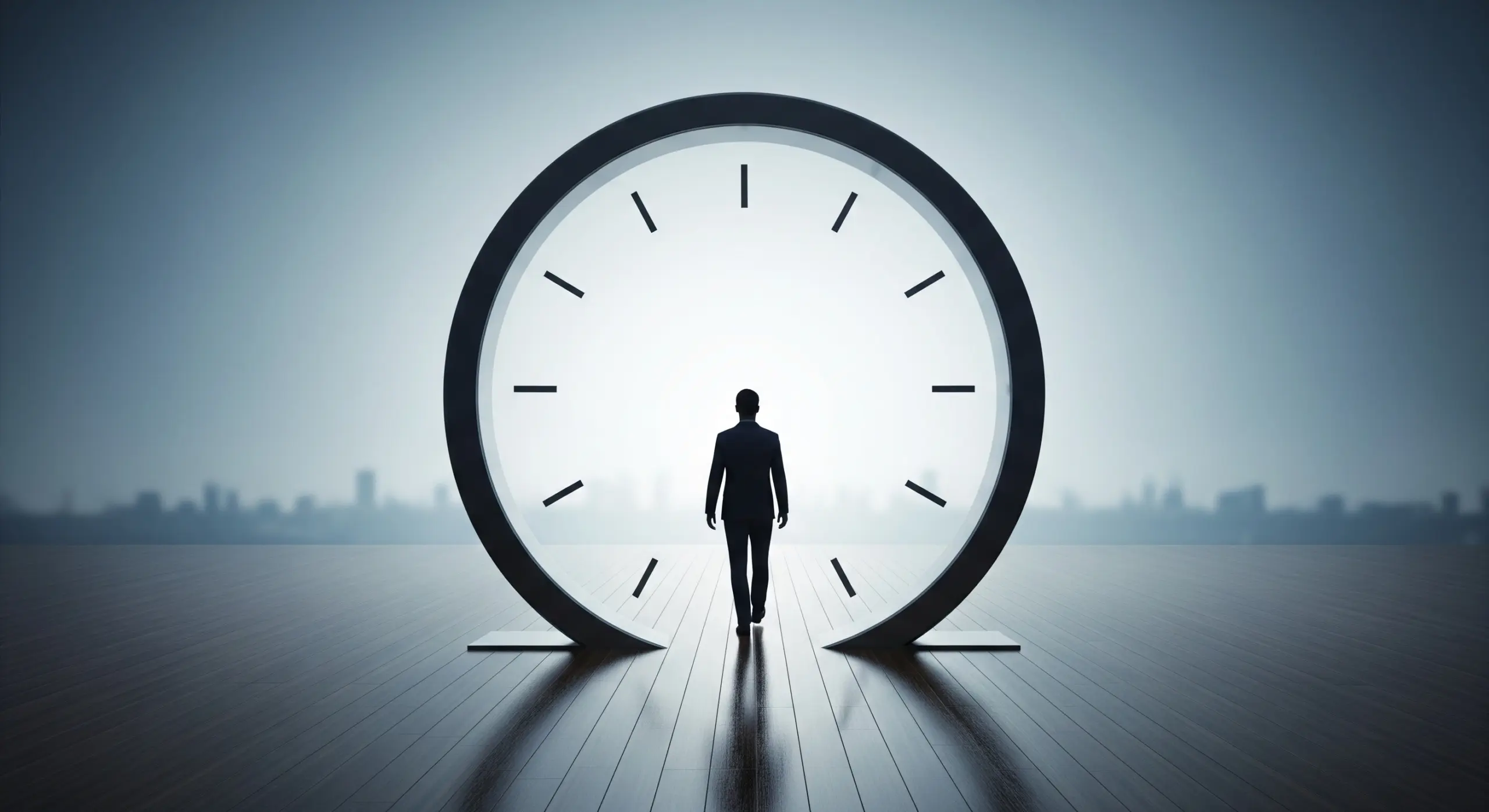 Silhouetted person walking through a circular clock portal toward light